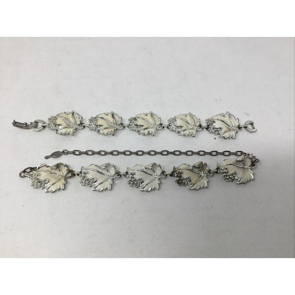 Sarah Coventry Whispering Leaves White Enamel Link Bracelet 7-1/2"